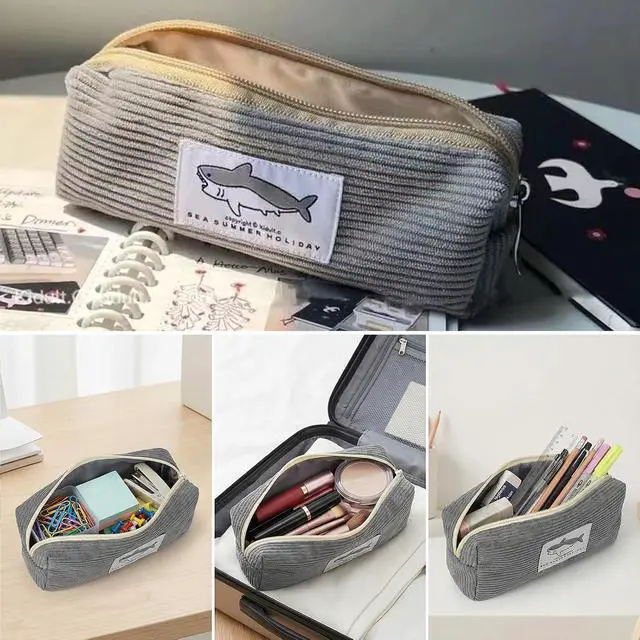Alt view image 4 of 5 - Small Pencil Case Large Capacity Pencil Pouch with Shark, Gray Zippered Pouch for Office Stationery Organizer (Dark grey)