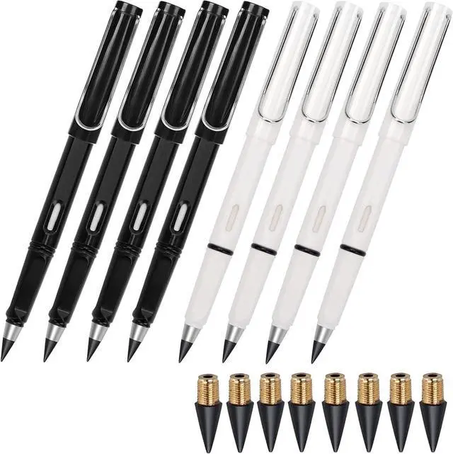 Main image of Infinity Forever Pencil - 0.7mm Infinite Everlasting Metal Inkless Pencils Set with Eraser, No Need Sharpened, Replace Mechanical Pen for Sketch, Drawing and Writing8Pcs Black + White