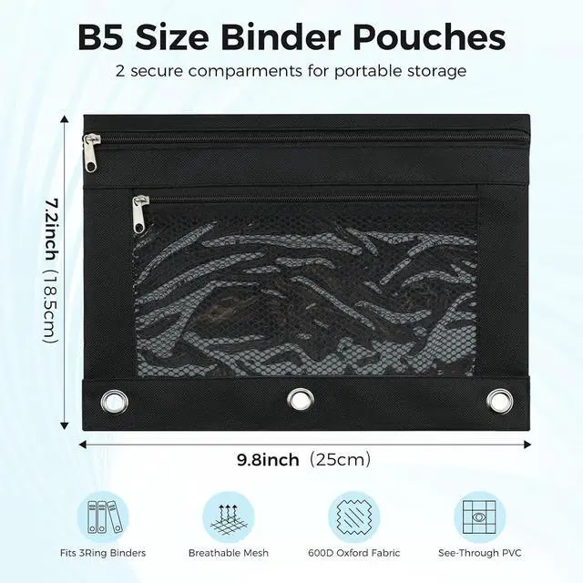 Alt view image 2 of 7 - Pencil Pouch for 3 Ring Binder, Pencil Case Bag with Zipper, 600D Fabric Pencil Pouch Holder Accessories, Clear Window Pencil Case Aesthetic Back to School Organizer Pockets for Boy Girl (Black)
