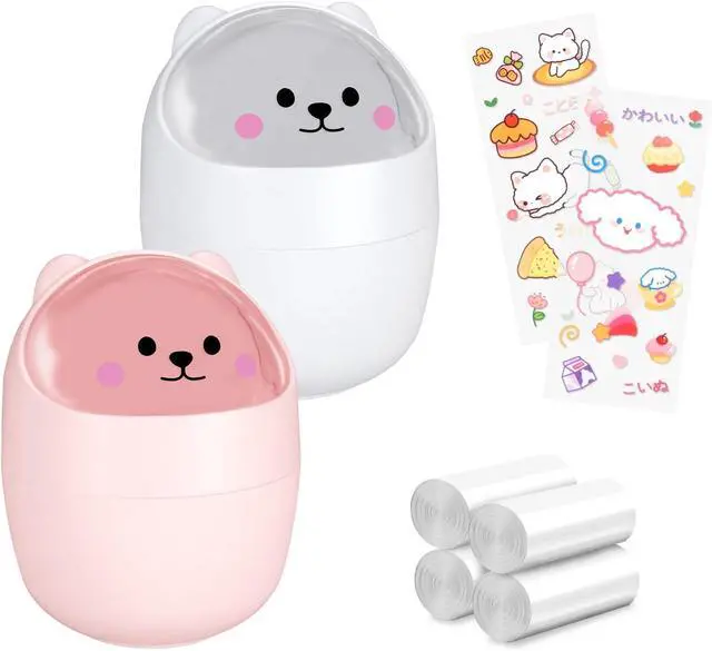 Main image of Small Desktop Trash Can with Swing Lid Set, 2 Cute Garbage Cans with 120pcs Garbage Bags and 2pcs Stickers, Countertop Kawaii Dustbin Storage Bin for Desk Bedroom(White-Pink)