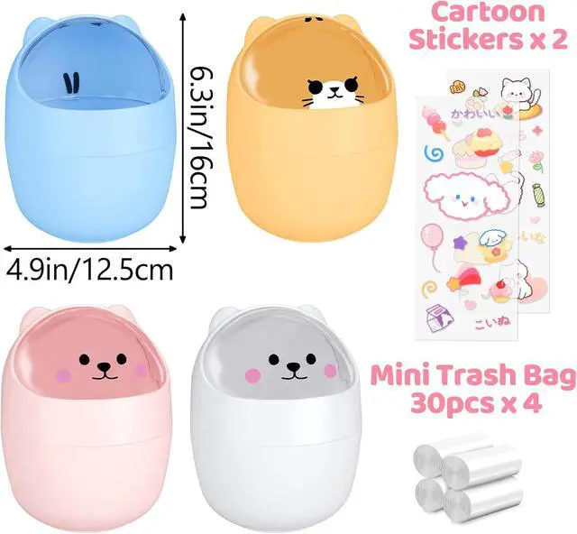 Alt view image 2 of 7 - Small Desktop Trash Can with Swing Lid Set, 2 Cute Garbage Cans with 120pcs Garbage Bags and 2pcs Stickers, Countertop Kawaii Dustbin Storage Bin for Desk Bedroom(White-Pink)