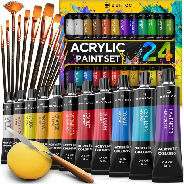 Main image of Complete Acrylic Paint Set 24 Rich Pigment Colors 12x Art Brushes with Bonus Paint Art Knife & Sponge for Painting Canvas, Clay, Ceramic & Crafts, Non-Toxic & Quick Dry for Kids & Adults