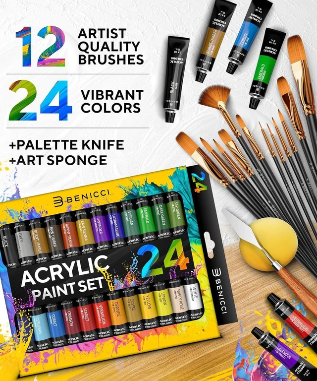 Alt view image 3 of 7 - Complete Acrylic Paint Set 24 Rich Pigment Colors 12x Art Brushes with Bonus Paint Art Knife & Sponge for Painting Canvas, Clay, Ceramic & Crafts, Non-Toxic & Quick Dry for Kids & Adults