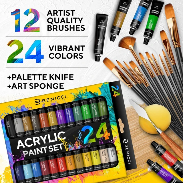 Alt view image 2 of 7 - Complete Acrylic Paint Set 24 Rich Pigment Colors 12x Art Brushes with Bonus Paint Art Knife & Sponge for Painting Canvas, Clay, Ceramic & Crafts, Non-Toxic & Quick Dry for Kids & Adults