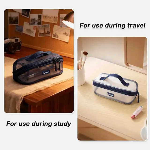 Alt view image 3 of 6 - Transparent Mesh Pencil Pouch with Handle Big Case Clear Pen Bag College Essentials School Supplies, Navy