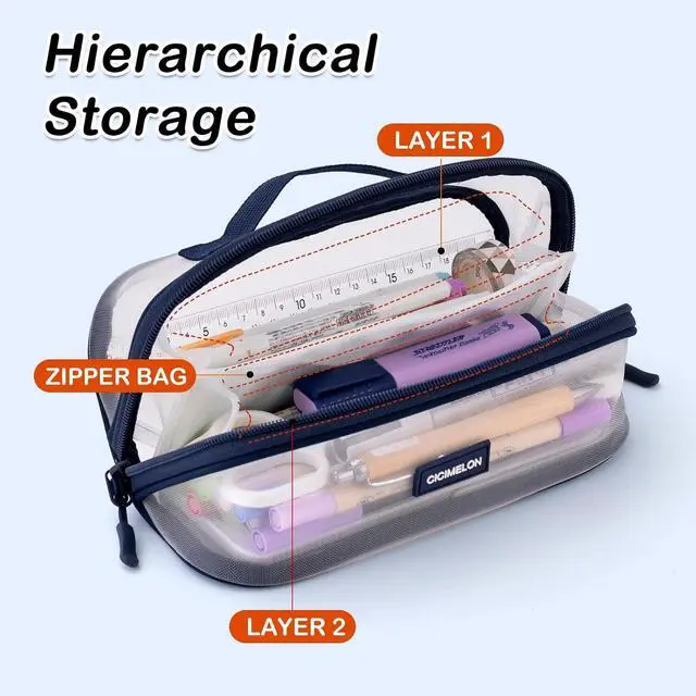 Alt view image 2 of 6 - Transparent Mesh Pencil Pouch with Handle Big Case Clear Pen Bag College Essentials School Supplies, Navy
