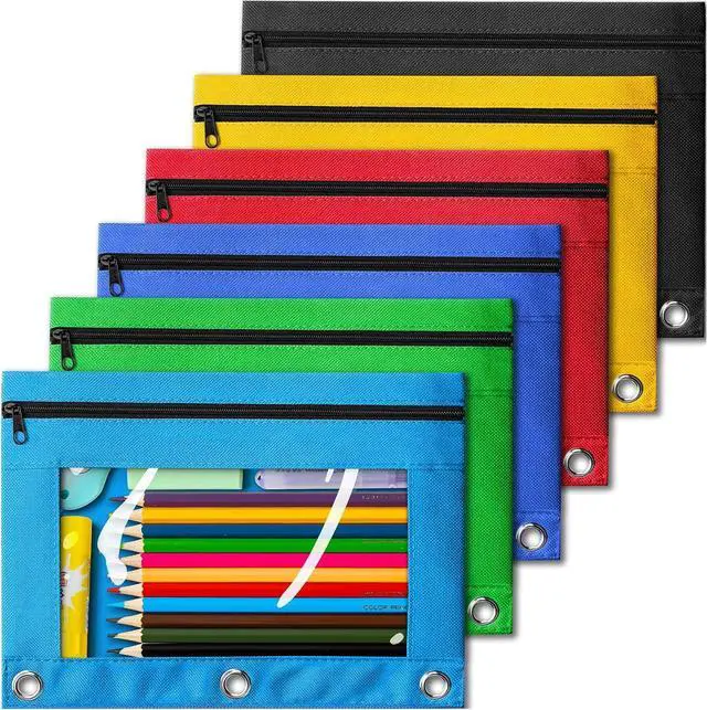 Main image of Pencil Pouch for 3 Ring Binder, Bulk 6 Pack 3-Holes Zipper Pencil Pouches in Assorted Colors, Sturdy and Durable Cloth Pencil Case with Clear Window for Office School College Supplies
