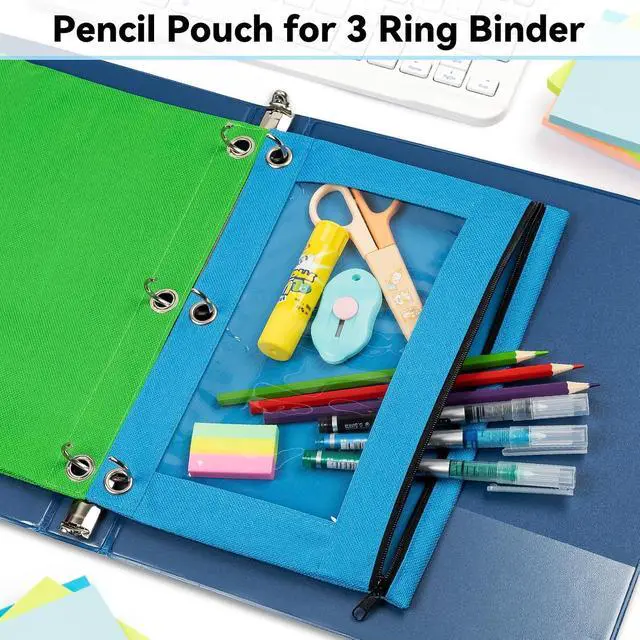 Alt view image 2 of 7 - Pencil Pouch for 3 Ring Binder, Bulk 6 Pack 3-Holes Zipper Pencil Pouches in Assorted Colors, Sturdy and Durable Cloth Pencil Case with Clear Window for Office School College Supplies