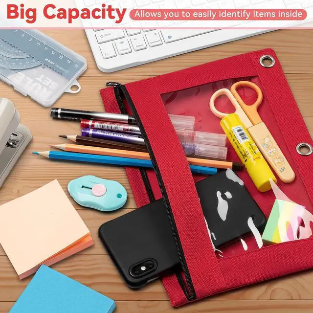 Alt view image 3 of 7 - Pencil Pouch for 3 Ring Binder, Bulk 6 Pack 3-Holes Zipper Pencil Pouches in Assorted Colors, Sturdy and Durable Cloth Pencil Case with Clear Window for Office School College Supplies