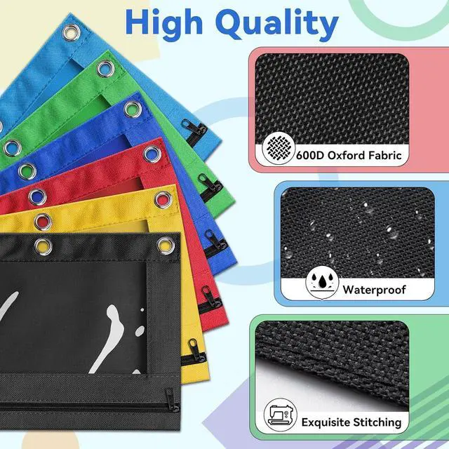 Alt view image 4 of 7 - Pencil Pouch for 3 Ring Binder, Bulk 6 Pack 3-Holes Zipper Pencil Pouches in Assorted Colors, Sturdy and Durable Cloth Pencil Case with Clear Window for Office School College Supplies