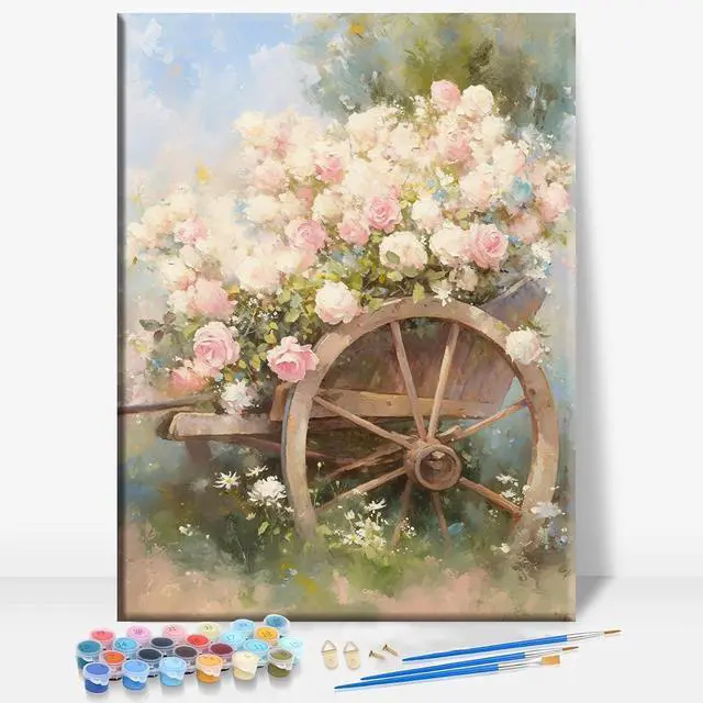 Main image of Floral CART Plant Framed Canvas DIY Paint by Numbers Kit Bar Cafe Cave Home Room Wall Bathroom Porch Patio Decor Gift, 16 x 12 Inch