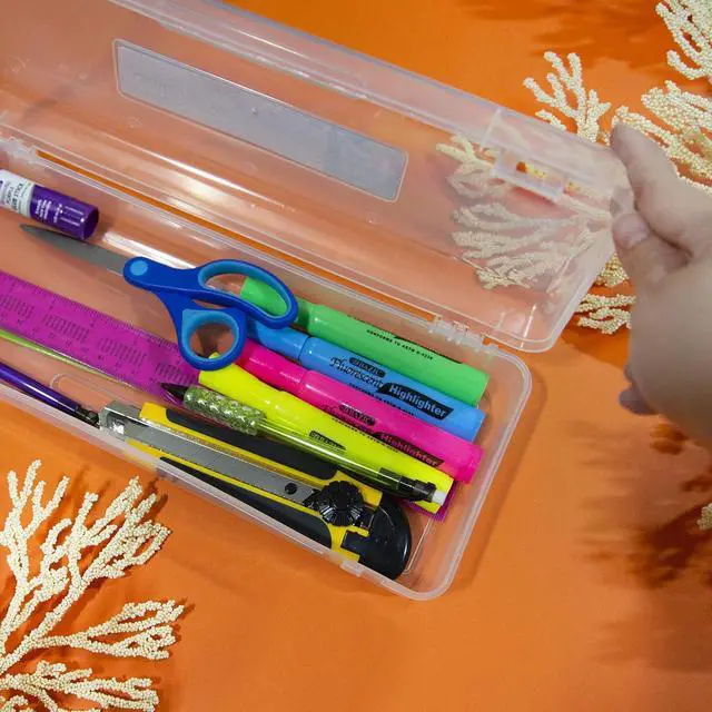 Alt view image 7 of 7 - Clear Ruler-Length Pencil Box | 13 3/8 x 5 3/8 x 2 1/2 in; snap-latch lid for long supplies