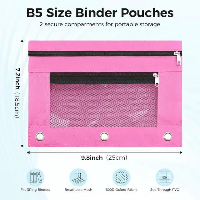 Alt view image 2 of 7 - Pencil Pouch for 3 Ring Binder, Pencil Case with Zipper, 600D Fabric Pencil Pouch Bag Holder Accessories, Clear Window Pencil Case Aesthetic Back to School Organizer Pockets for Boy Girl (Hot Pink)