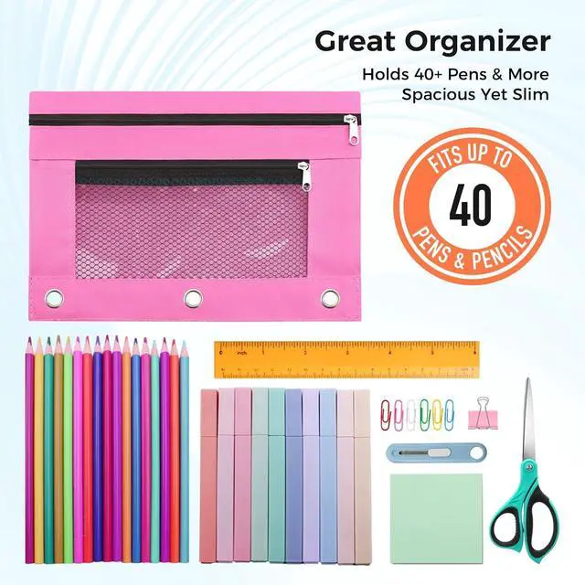 Alt view image 3 of 7 - Pencil Pouch for 3 Ring Binder, Pencil Case with Zipper, 600D Fabric Pencil Pouch Bag Holder Accessories, Clear Window Pencil Case Aesthetic Back to School Organizer Pockets for Boy Girl (Hot Pink)