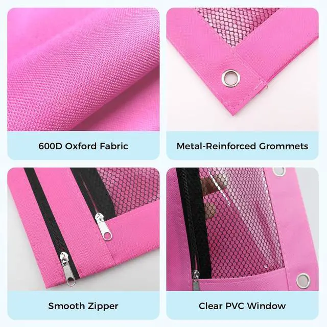 Alt view image 5 of 7 - Pencil Pouch for 3 Ring Binder, Pencil Case with Zipper, 600D Fabric Pencil Pouch Bag Holder Accessories, Clear Window Pencil Case Aesthetic Back to School Organizer Pockets for Boy Girl (Hot Pink)