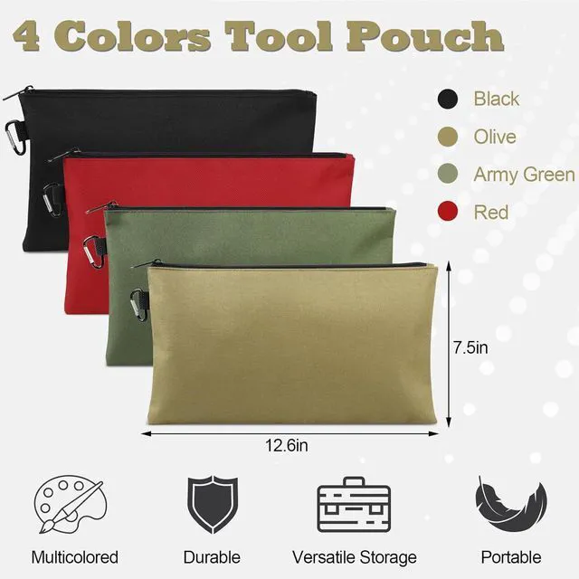 Alt view image 2 of 7 - 4 Pack Tool Bag, Premium Tool Pouch Zipper Bag, 12" Tool Pouch with Zipper | Multipurpose Storage Pouch with Carabiner for Tools, Stationary, Pencil Pouch, Gadgets, Cosmetics