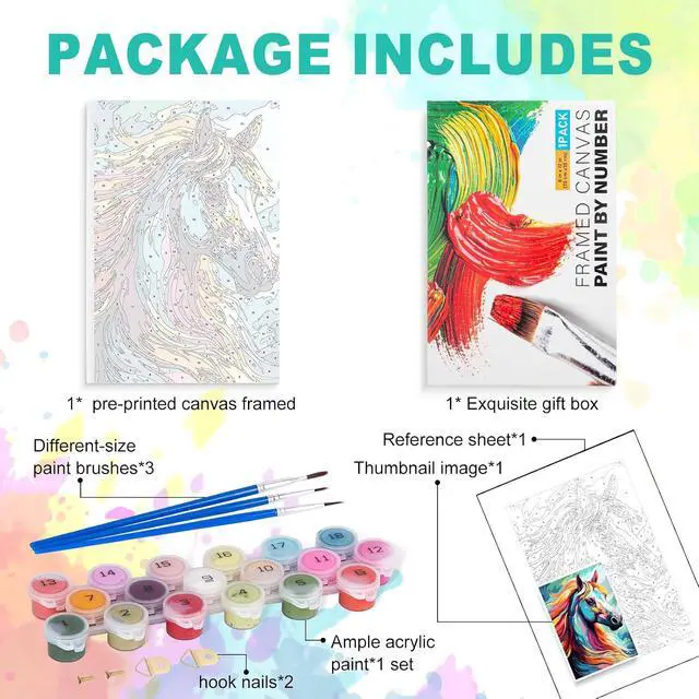 Alt view image 5 of 7 - Framed Paint by Numbers Kit for Adults, Colorful Horse, 8 x 12 Inch | DIY Adult Paint by Number Kit for Beginners, Horse Wall Decor, Stress Relief Craft Gift, Creative Hobby