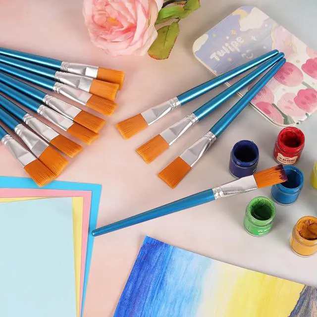 Alt view image 6 of 7 - 1 Inch Flat Paint Brushes for Acrylic Painting, 12 Pcs Acrylic Paint Brush Bulk, Arts Crafts Paintbrushes with Wooden Handle for Watercolor Oil Face Body Art Kids Adult Artist