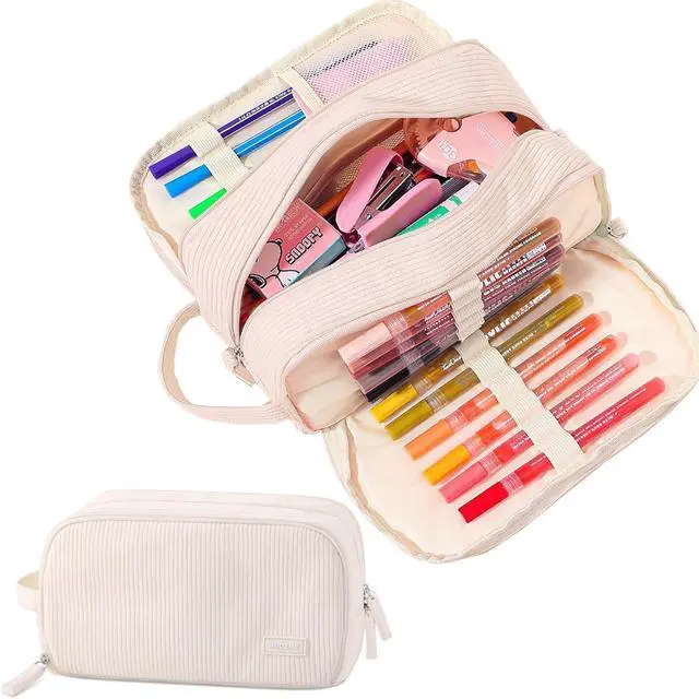 Main image of Cute Pencil Case Pouch Big Pencil bag For Girls boy kids College | Soft Corduroy Large Capacity 3 Compartment,Aesthetic Pen Case Pouch Crayon Marker Bag with Handle For School Art(Beige)
