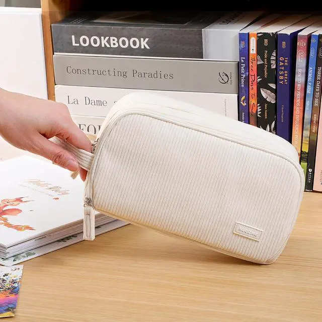 Alt view image 2 of 7 - Cute Pencil Case Pouch Big Pencil bag For Girls boy kids College | Soft Corduroy Large Capacity 3 Compartment,Aesthetic Pen Case Pouch Crayon Marker Bag with Handle For School Art(Beige)