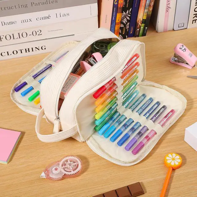 Alt view image 3 of 7 - Cute Pencil Case Pouch Big Pencil bag For Girls boy kids College | Soft Corduroy Large Capacity 3 Compartment,Aesthetic Pen Case Pouch Crayon Marker Bag with Handle For School Art(Beige)