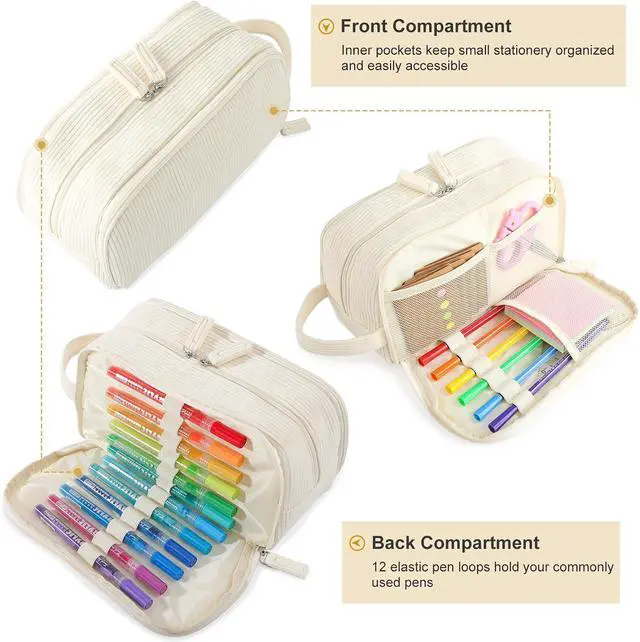 Alt view image 5 of 7 - Cute Pencil Case Pouch Big Pencil bag For Girls boy kids College | Soft Corduroy Large Capacity 3 Compartment,Aesthetic Pen Case Pouch Crayon Marker Bag with Handle For School Art(Beige)