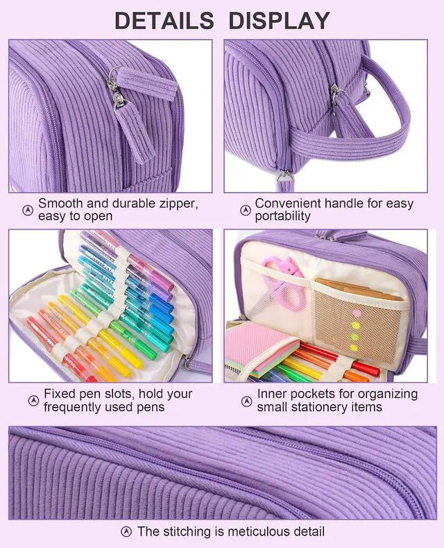 Alt view image 6 of 7 - Cute Pencil Case Pouch Big Pencil bag For Girls boy kids College | Soft Corduroy Large Capacity 3 Compartment,Aesthetic Pen Case Pouch Crayon Marker Bag with Handle For School Art(Beige)