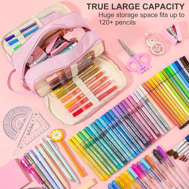 Alt view image 7 of 7 - Cute Pencil Case Pouch Big Pencil bag For Girls boy kids College | Soft Corduroy Large Capacity 3 Compartment,Aesthetic Pen Case Pouch Crayon Marker Bag with Handle For School Art(Beige)
