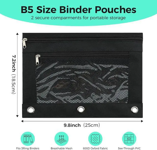 Alt view image 2 of 7 - Pencil Pouch for 3 Ring Binder, Pencil Case with Zipper, 600D Fabric Pencil Pouch Bag Holder Accessories, Clear Window Pencil Case Aesthetic Back to School Organizer Pockets for Boy Girl (Black)