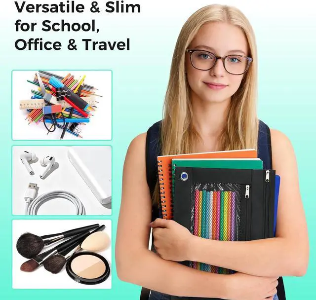 Alt view image 4 of 7 - Pencil Pouch for 3 Ring Binder, Pencil Case with Zipper, 600D Fabric Pencil Pouch Bag Holder Accessories, Clear Window Pencil Case Aesthetic Back to School Organizer Pockets for Boy Girl (Black)