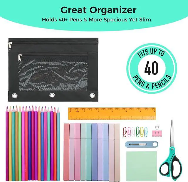 Alt view image 3 of 7 - Pencil Pouch for 3 Ring Binder, Pencil Case with Zipper, 600D Fabric Pencil Pouch Bag Holder Accessories, Clear Window Pencil Case Aesthetic Back to School Organizer Pockets for Boy Girl (Black)