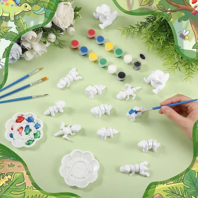 Alt view image 3 of 7 - 12 Pcs 3D Printed Animal Figurines Painting Arts and Craft Kit Paint Your Own Figurines Articulated Fidget DIY Unpainted Statues with Brush Palette Acrylic Paints(Dinosaur)