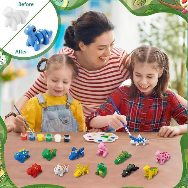 Alt view image 5 of 7 - 12 Pcs 3D Printed Animal Figurines Painting Arts and Craft Kit Paint Your Own Figurines Articulated Fidget DIY Unpainted Statues with Brush Palette Acrylic Paints(Dinosaur)