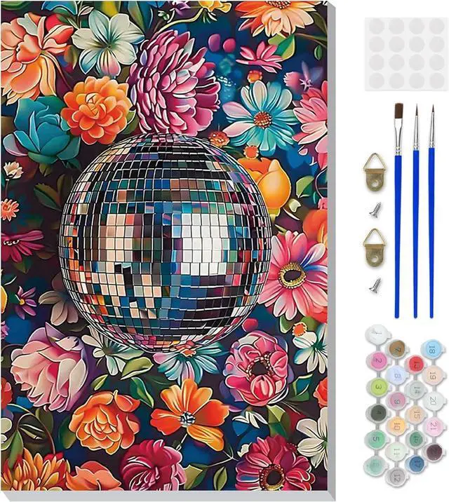 Main image of Framed Paint by Numbers Kit for Adults, Disco Ball DIY Paint by Number Kits on Canvas, Easy Canvas Painting by Numbers for Home Wall Decor Gift 8x12 Inch