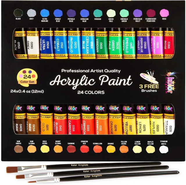 Main image of Acrylic Paint Set Canvas Art Paints 24 Colors Perfect Paint Finish (0.41oz,12 ml) With 3 Brushes - Painting Canvas, Paper, Wood, Rock, MDF, Ceramic & Fabric