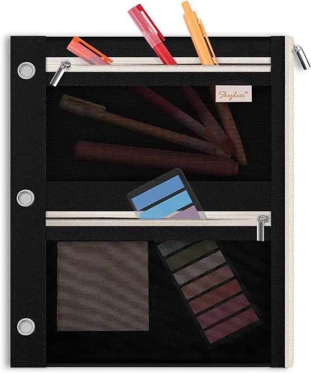 Main image of Large Pencil Pouch for 3 Ring Binder, 3 Pockets and Mesh Window