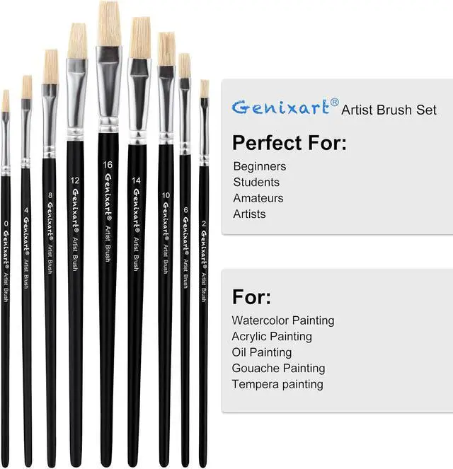 Alt view image 3 of 7 - Artist Paint Brush Set, Paintbrushes for Acrylic, Oil, Watercolor | Flat Paint Brushes for Painting, Painters & Students, Art & Craft DIY - Short Handle, Natural White Bristle, Assorted 9 Pack