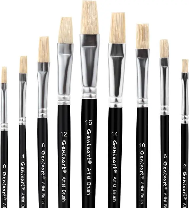 Main image of Artist Paint Brush Set, Paintbrushes for Acrylic, Oil, Watercolor | Flat Paint Brushes for Painting, Painters & Students, Art & Craft DIY - Short Handle, Natural White Bristle, Assorted 9 Pack