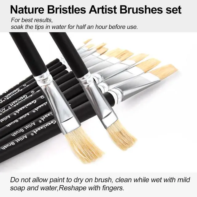 Alt view image 2 of 7 - Artist Paint Brush Set, Paintbrushes for Acrylic, Oil, Watercolor | Flat Paint Brushes for Painting, Painters & Students, Art & Craft DIY - Short Handle, Natural White Bristle, Assorted 9 Pack