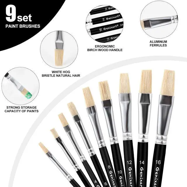 Alt view image 4 of 7 - Artist Paint Brush Set, Paintbrushes for Acrylic, Oil, Watercolor | Flat Paint Brushes for Painting, Painters & Students, Art & Craft DIY - Short Handle, Natural White Bristle, Assorted 9 Pack