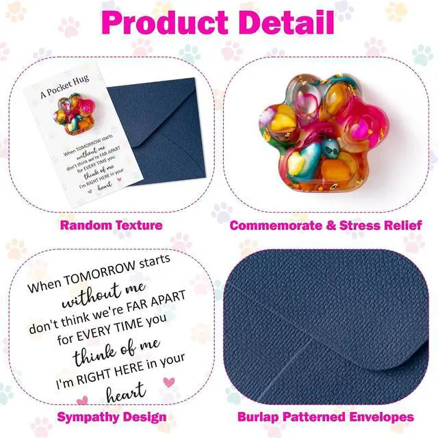 Alt view image 3 of 7 - Loss Of Pet Sympathy Gift - Colorful Glitter Mini Paw Pocket Hug with Memorial Card Envelope Remembrance Bereavement Gift Loss of Dog Cat Sympathy Favor for Pet Lover Adult Stress Relief Toy