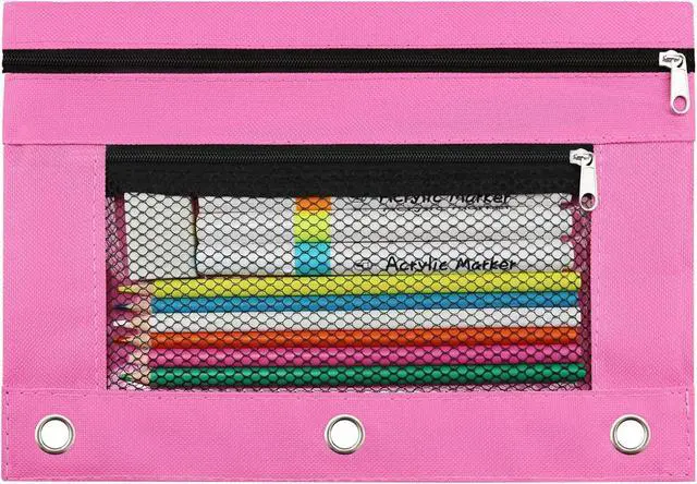 Main image of 3 Ring Pencil Pouch for Binder, 2-Pocket Zipper Pencil Case with Clear Window & Mesh Pocket, Heavy Duty 600D Oxford Fabric Binder Pouch for School Office Supplies, Fits Standard 3-Ring Binders, Pink