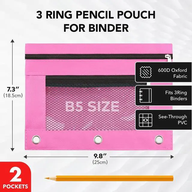 Alt view image 2 of 7 - 3 Ring Pencil Pouch for Binder, 2-Pocket Zipper Pencil Case with Clear Window & Mesh Pocket, Heavy Duty 600D Oxford Fabric Binder Pouch for School Office Supplies, Fits Standard 3-Ring Binders, Pink