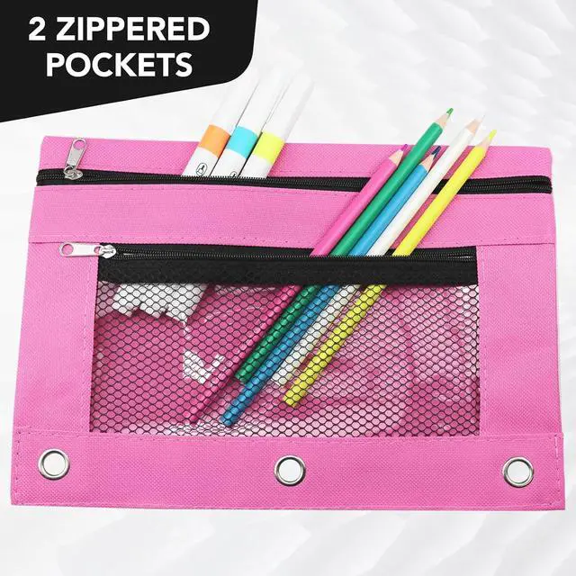 Alt view image 3 of 7 - 3 Ring Pencil Pouch for Binder, 2-Pocket Zipper Pencil Case with Clear Window & Mesh Pocket, Heavy Duty 600D Oxford Fabric Binder Pouch for School Office Supplies, Fits Standard 3-Ring Binders, Pink