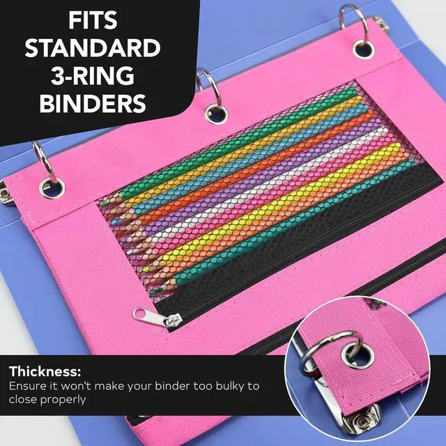 Alt view image 4 of 7 - 3 Ring Pencil Pouch for Binder, 2-Pocket Zipper Pencil Case with Clear Window & Mesh Pocket, Heavy Duty 600D Oxford Fabric Binder Pouch for School Office Supplies, Fits Standard 3-Ring Binders, Pink