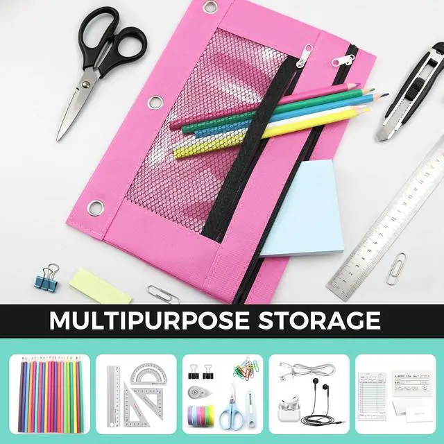 Alt view image 6 of 7 - 3 Ring Pencil Pouch for Binder, 2-Pocket Zipper Pencil Case with Clear Window & Mesh Pocket, Heavy Duty 600D Oxford Fabric Binder Pouch for School Office Supplies, Fits Standard 3-Ring Binders, Pink
