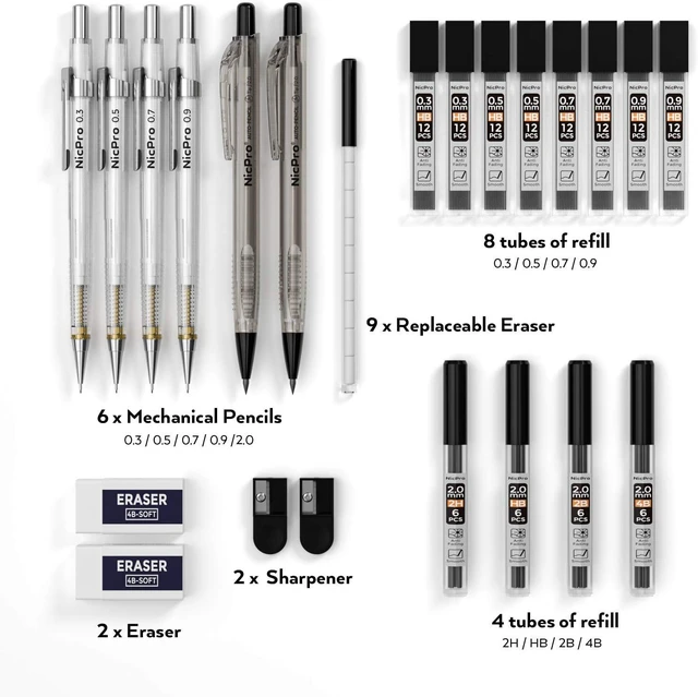 Alt view image 4 of 6 - 6PCS Art Mechanical Pencil Set, 4PCS Drafting Pencils 0.3 & 0.5 & 0.7 & 0.9 mm & 2PCS 2mm Lead Holder (4B 2B HB 2H) For Writing, Sketching Drawing With 12 Tube Lead Refills Erasers Case