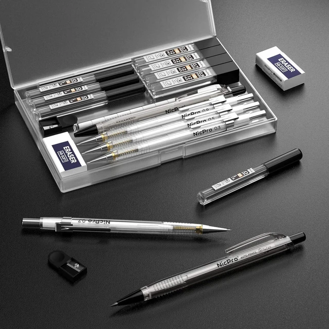 Alt view image 6 of 6 - 6PCS Art Mechanical Pencil Set, 4PCS Drafting Pencils 0.3 & 0.5 & 0.7 & 0.9 mm & 2PCS 2mm Lead Holder (4B 2B HB 2H) For Writing, Sketching Drawing With 12 Tube Lead Refills Erasers Case