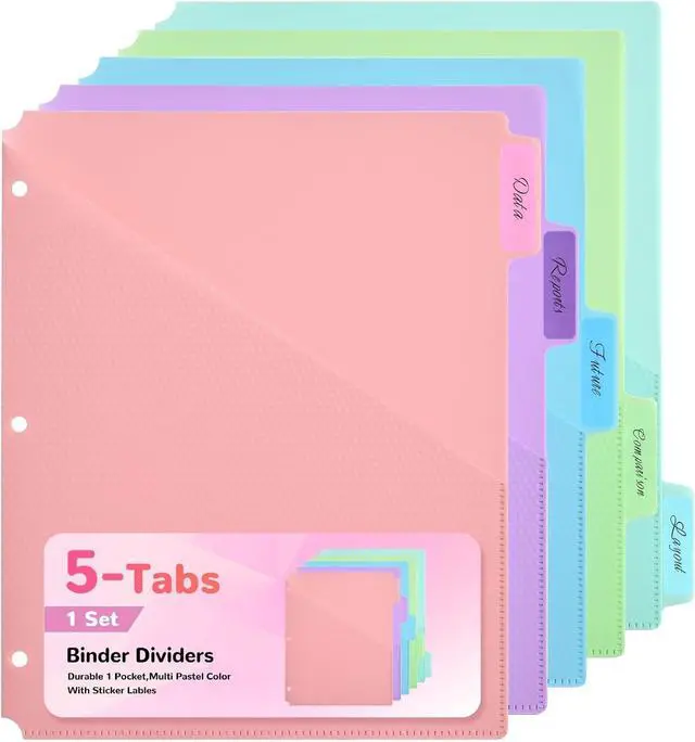 Main image of 5-Tab Binder Dividers with Pockets - Heavy Duty Plastic Dividers for 3 Ring Binder, Letter Size Poly Page Separators with Tabs & Label Stickers, Diamond Texture, 5 Pastel Colors, 1-Pack