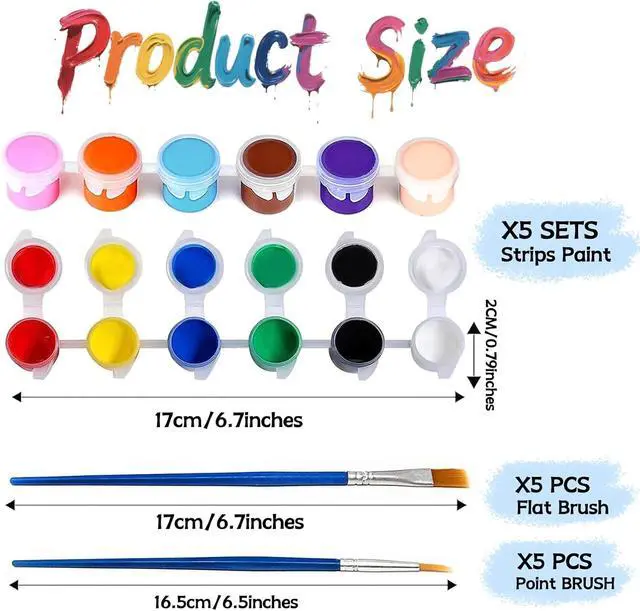 Alt view image 2 of 7 - 5 Packs Mini Acrylic Paint Set, 12 Colors Washable Paint Strips for Kids & Adults - Includes 10 Brushes (5 Flat + 5 Pointed), 60 PCS kids Paint Kits for Easter Eggs, Birthday, Classroom Party